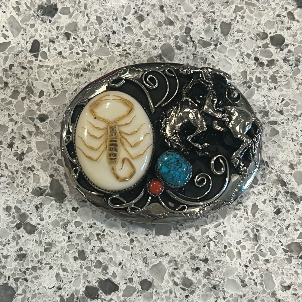 Scorpion Cowboy Belt Buckle Turquoise Coral Buckle